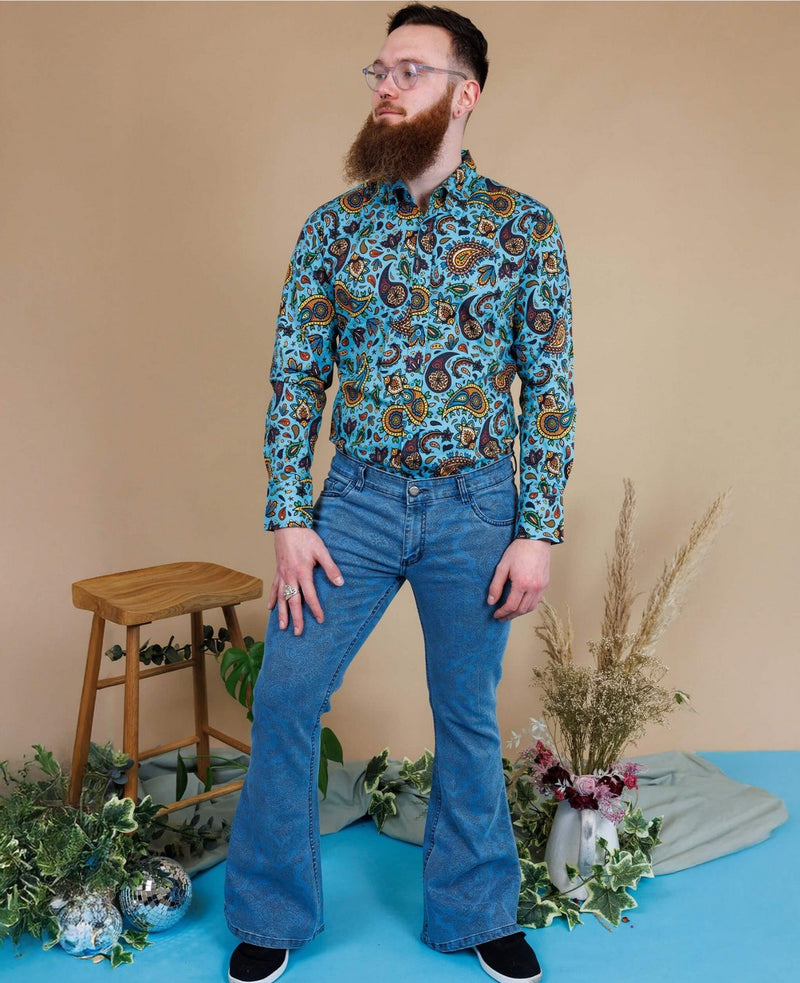 70's Blue Denim Paisley Print Bell Bottom Flares Jeans by Run and Fly