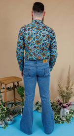 70's Blue Denim Paisley Print Bell Bottom Flares Jeans by Run and Fly