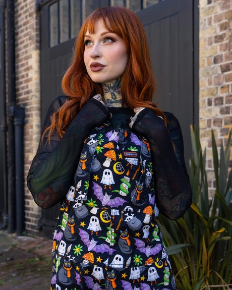 Halloween Cauldron Cats Print Twill Cotton Dungarees by Run and Fly