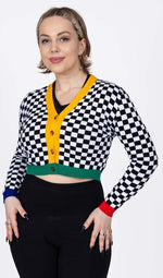 Cropped Black and White Checkerboard Cardigan by Run and Fly