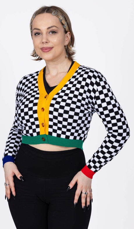 Cropped Black and White Checkerboard Cardigan by Run and Fly