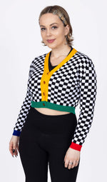 Cropped Black and White Checkerboard Cardigan by Run and Fly