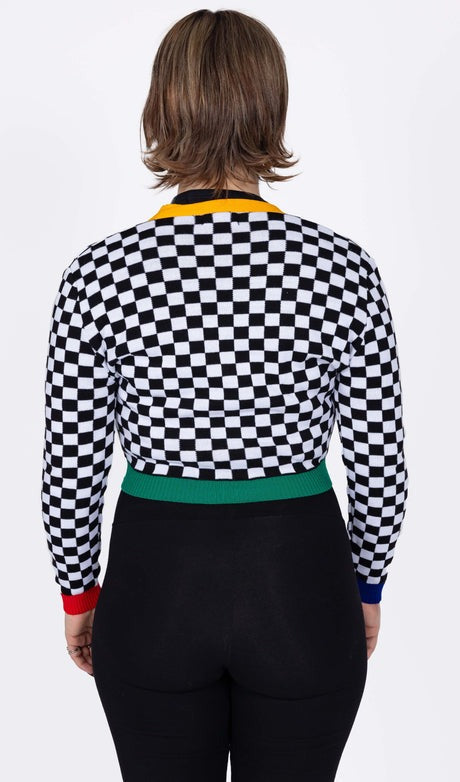 Cropped Black and White Checkerboard Cardigan by Run and Fly