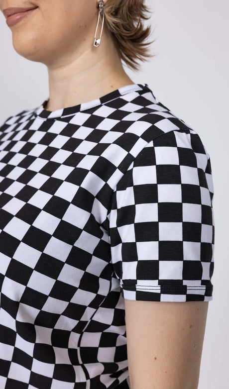 Black and White Checkerboard Print Cropped T Shirt by Run and Fly