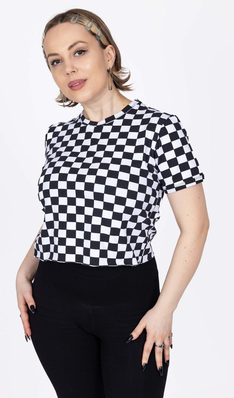 Black and White Checkerboard Print Cropped T Shirt by Run and Fly