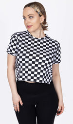 Black and White Checkerboard Print Cropped T Shirt by Run and Fly