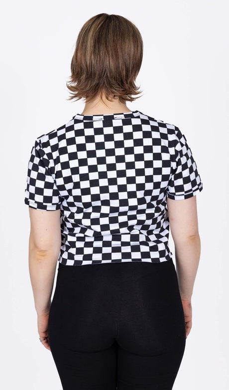 Black and White Checkerboard Print Cropped T Shirt by Run and Fly