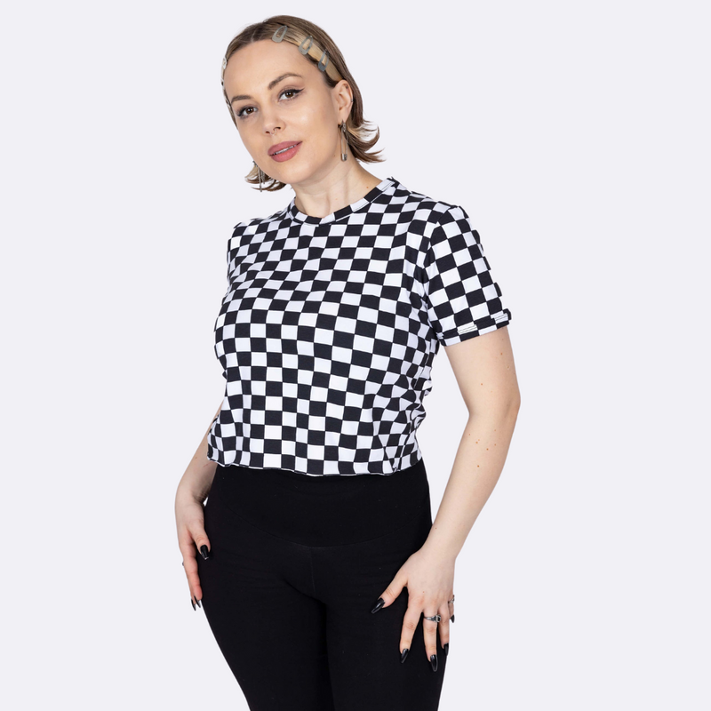 Black and White Checkerboard Print Cropped T Shirt by Run and Fly