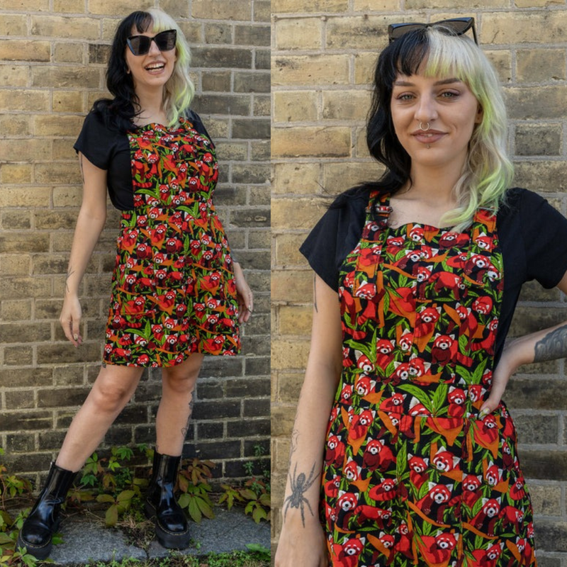 Red Panda Print Dungaree Pinafore Dress by Run and Fly