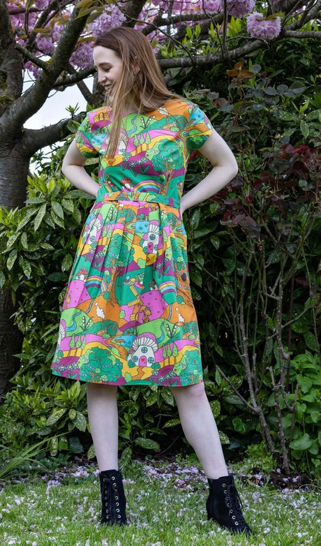 Hills Groovy 70's Print Cotton Tea Dress with Pockets by Run and Fly