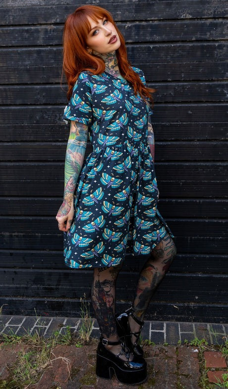 Death Head Moth Jersey Smock Dress with Pockets by Run and Fly