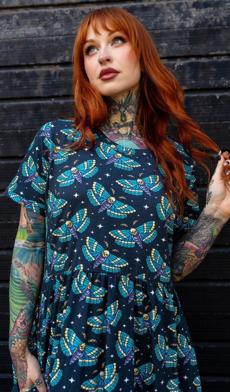 Death Head Moth Jersey Smock Dress with Pockets by Run and Fly