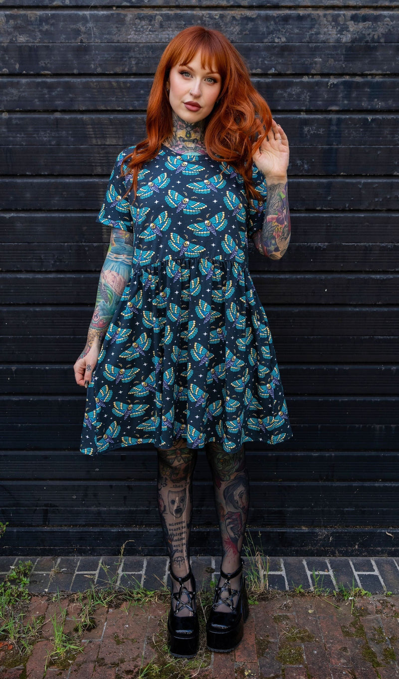 Death Head Moth Jersey Smock Dress with Pockets by Run and Fly