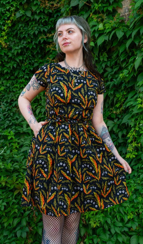 Poison Plants Print Cotton Tea Dress with Pockets by Run and Fly