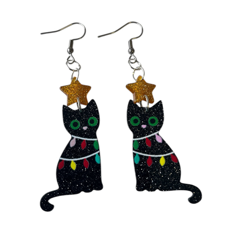 Acrylic Christmas Cats in Fairy Lights Earrings