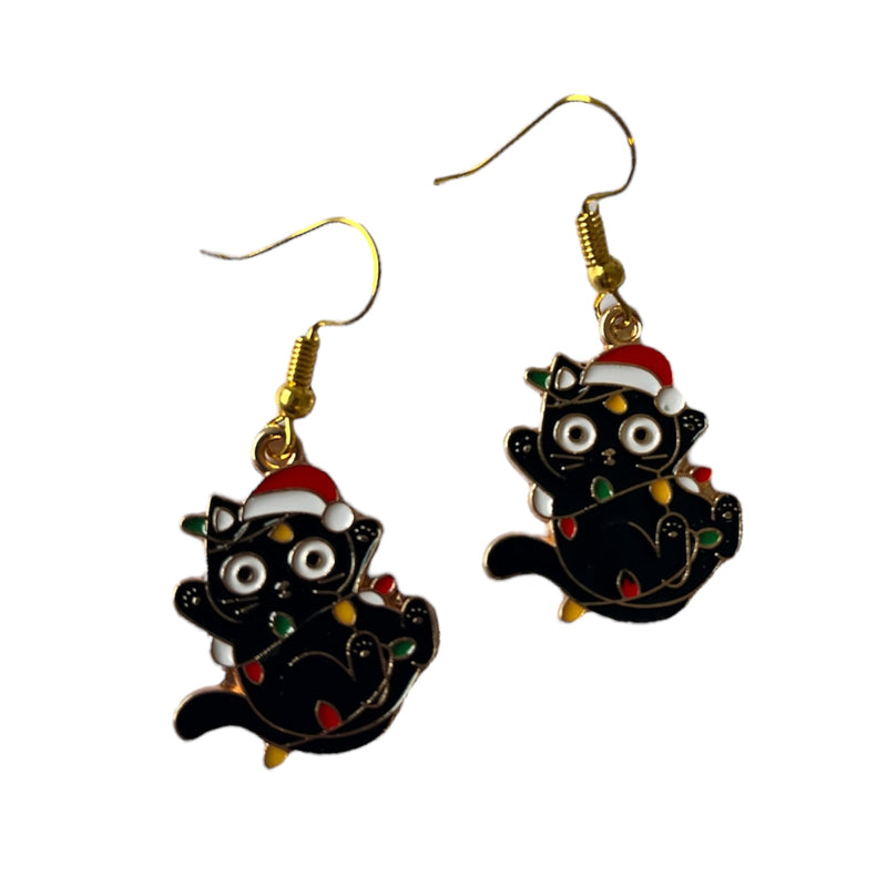 Christmas Cat in Fairy Lights Earrings