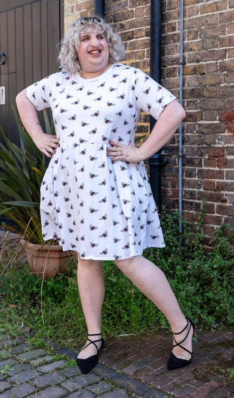 White Bee Jersey Smock Dress with Pockets by Run and Fly