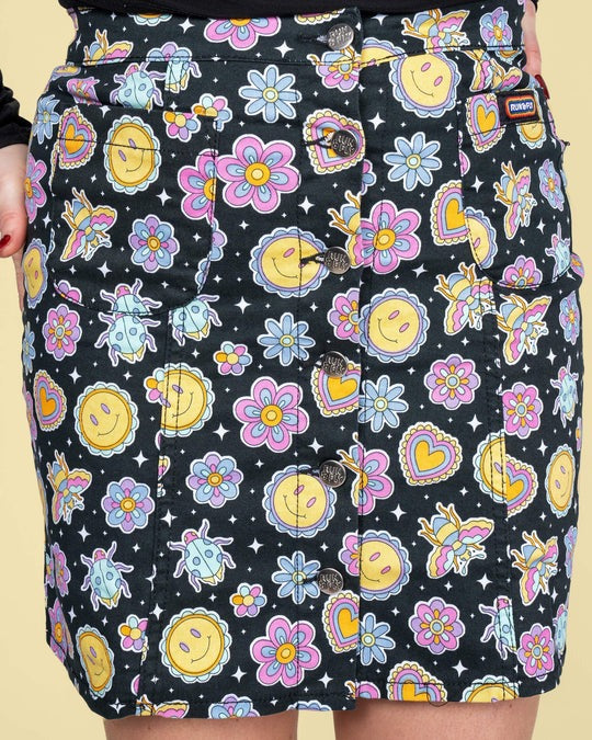 Bee Happy Print Button Front Skirt by Run and Fly