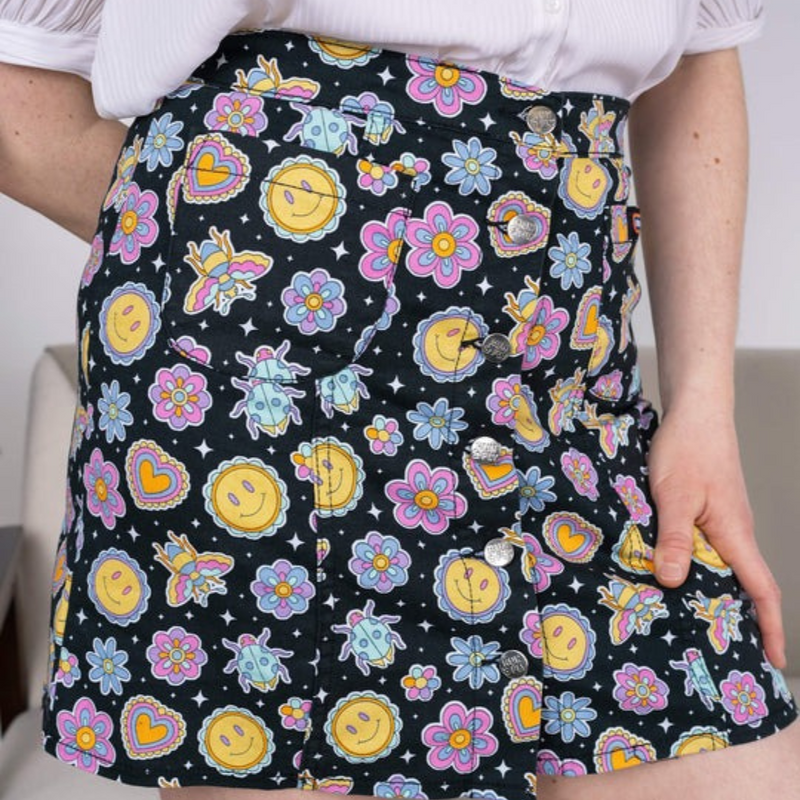 Bee Happy Print Button Front Skirt by Run and Fly