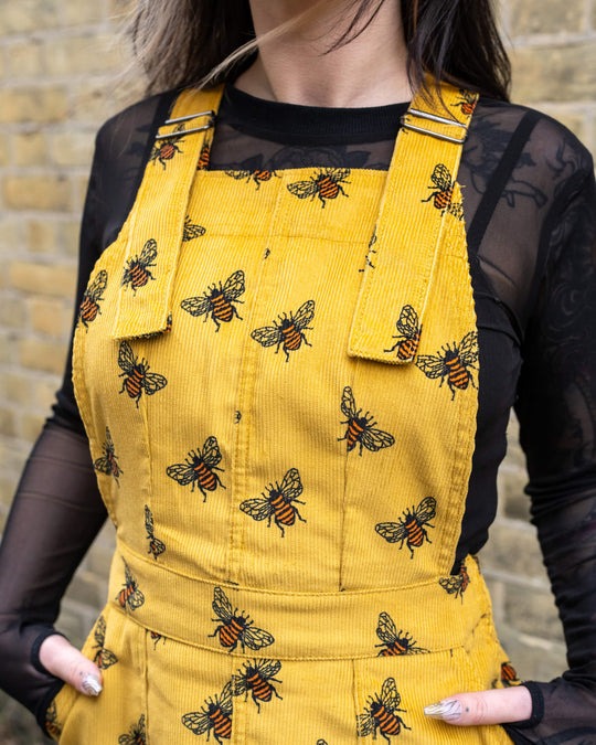 Gold Bee Print Corduroy Pinafore Dress by Run and Fly