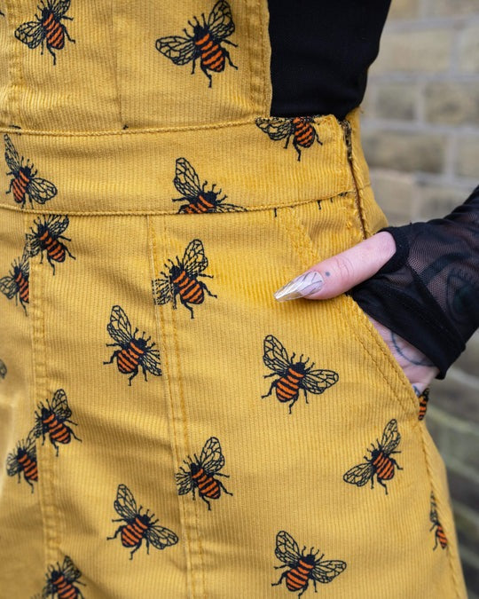 Gold Bee Print Corduroy Pinafore Dress by Run and Fly