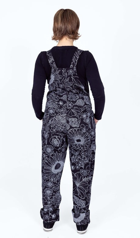 Black and White Floral Stretch Twill Cotton Dungarees by Run and Fly