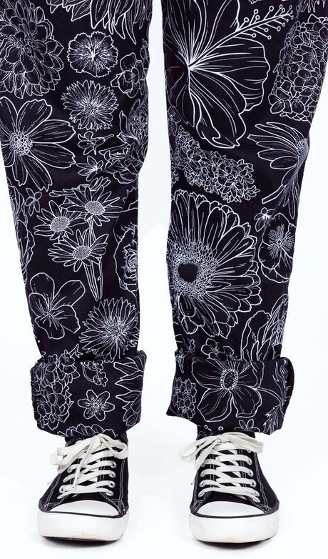 Black and White Floral Stretch Twill Cotton Dungarees by Run and Fly