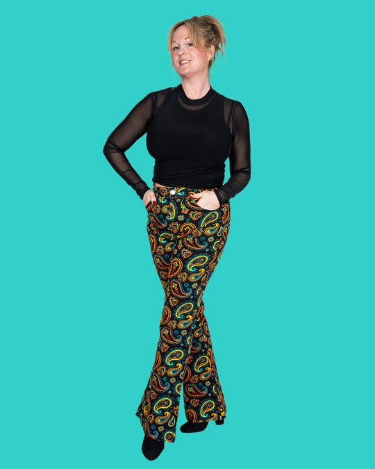 70's Black Paisley High Waisted Bell Bottom Flares Jeans by Run and Fly