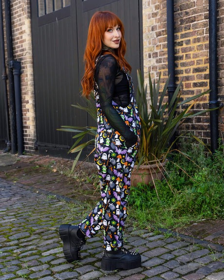 Halloween Cauldron Cats Print Twill Cotton Dungarees by Run and Fly