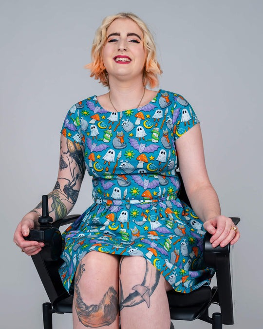 Cauldron Cats Print Cotton Tea Dress with Pockets by Run and Fly