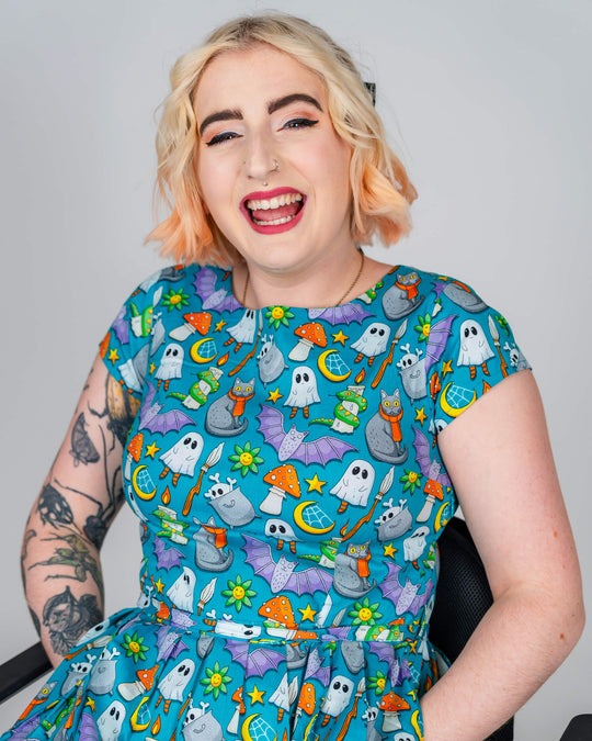 Cauldron Cats Print Cotton Tea Dress with Pockets by Run and Fly