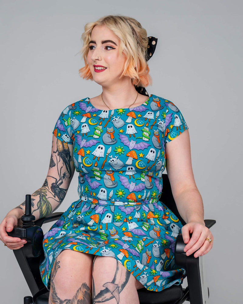 Cauldron Cats Print Cotton Tea Dress with Pockets by Run and Fly