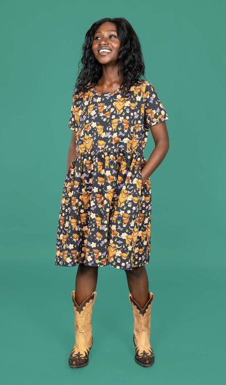 Highland Cow Print Smock Dress with Pockets by Run and Fly