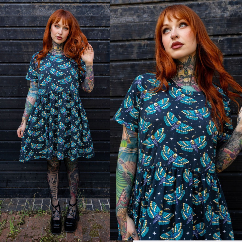 Death Head Moth Jersey Smock Dress with Pockets by Run and Fly