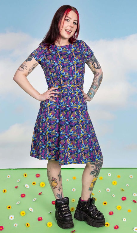 90's Arcade Print Cotton Tea Dress with Pockets by Run and Fly