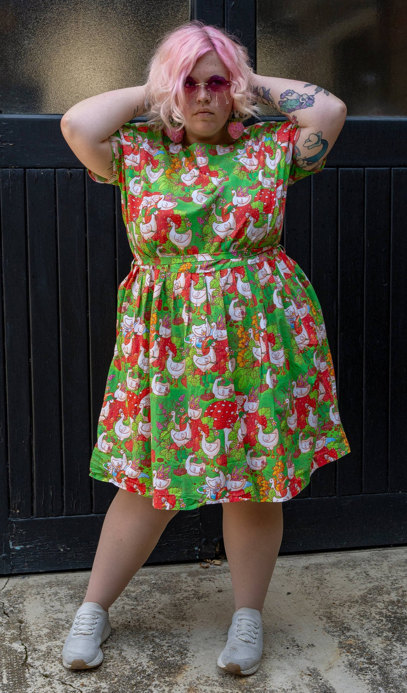 In The Geese Garden Print Cotton Tea Dress with Pockets by Run and Fly