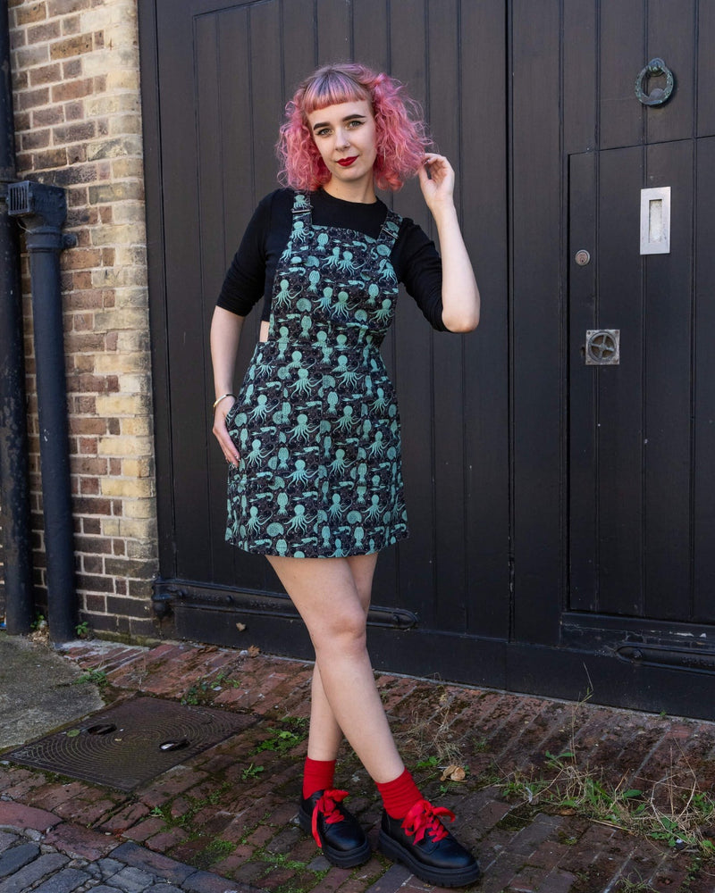 Green Seas Octopus Print Dungaree Pinafore Dress by Run and Fly