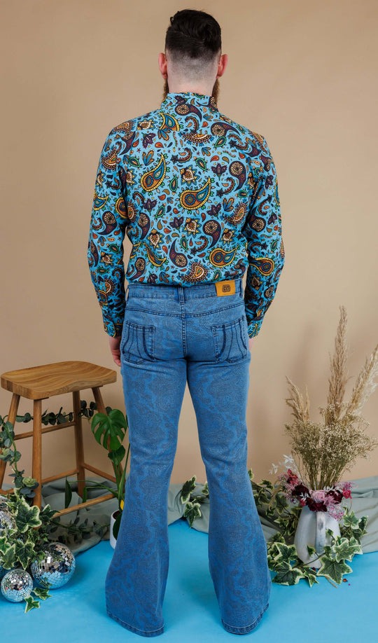 70's Blue Denim Paisley Print Bell Bottom Flares Jeans by Run and Fly