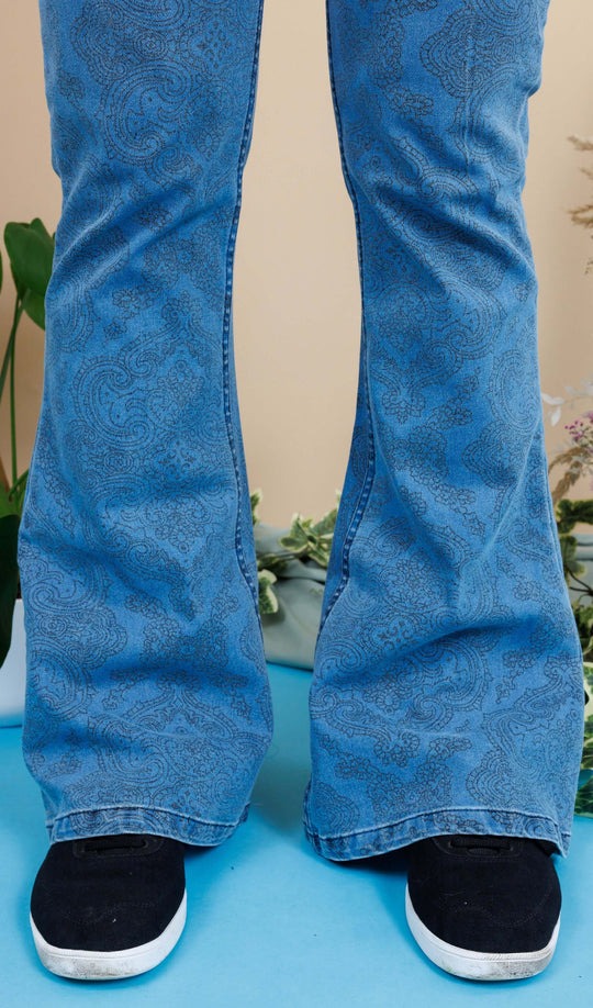 70's Blue Denim Paisley Print Bell Bottom Flares Jeans by Run and Fly