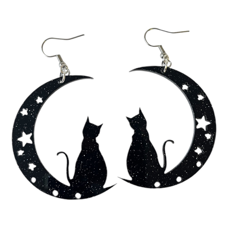 Sparkly Black Acrylic Cat and Moon Earrings