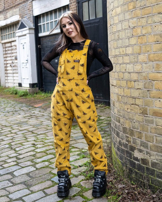 Gold Bee Print Cotton Corduroy Dungarees by Run and Fly