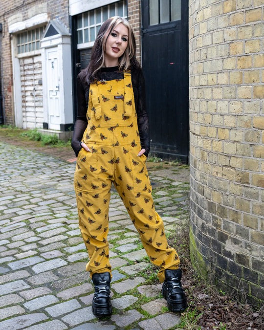 Gold Bee Print Cotton Corduroy Dungarees by Run and Fly