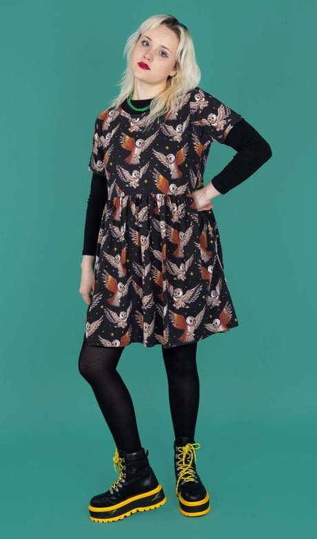 Owl Print Smock Dress with Pockets by Run and Fly