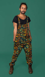 Black Paisley Print Twill Cotton Dungarees by Run and Fly