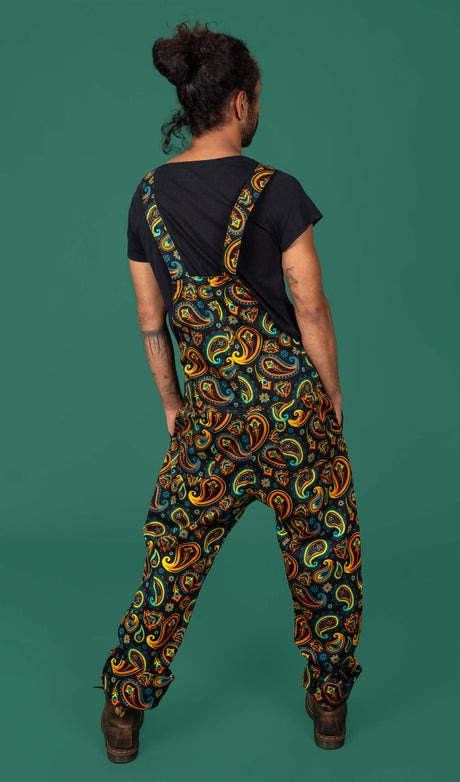 Black Paisley Print Twill Cotton Dungarees by Run and Fly