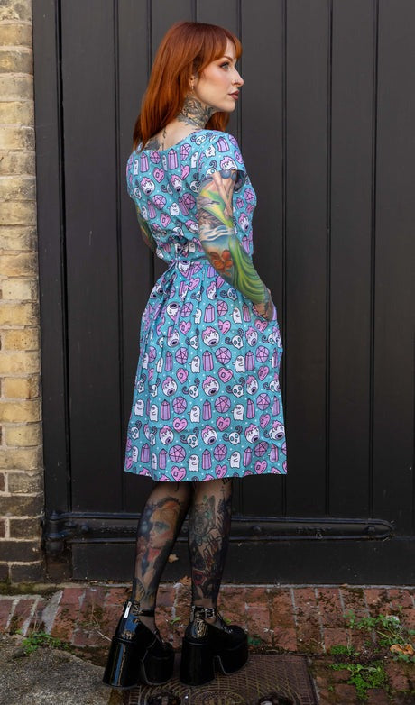 Halloween Pretty Spooky Print Cotton Tea Dress with Pockets by Run and Fly