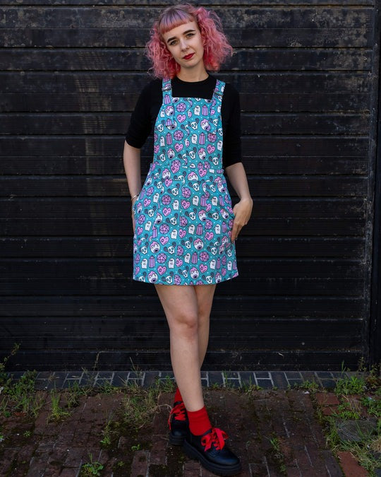 Pretty Spooky Print Dungaree Pinafore Dress by Run and Fly