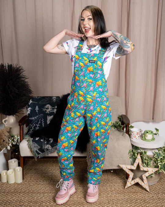 Rainbow Dinosaur Print Stretch Cotton Dungarees by Run and Fly