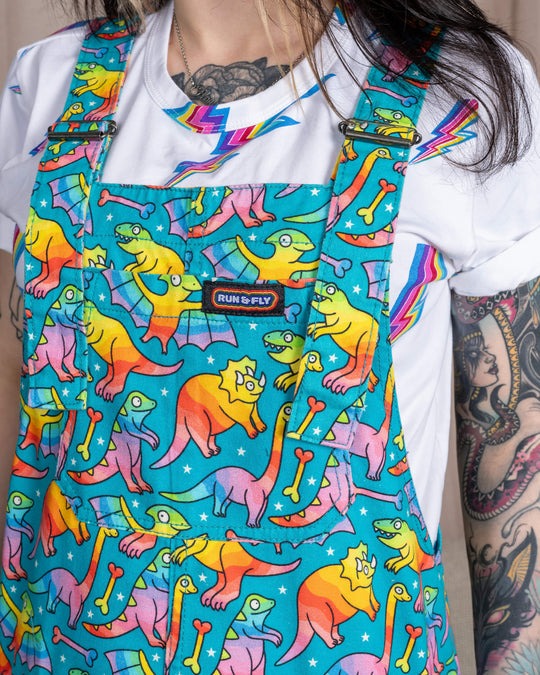 Rainbow Dinosaur Print Stretch Cotton Dungarees by Run and Fly