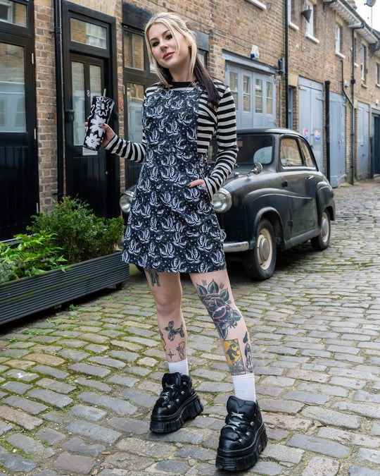 Checkerboard Swallows Print Dungaree Pinafore Dress by Run and Fly